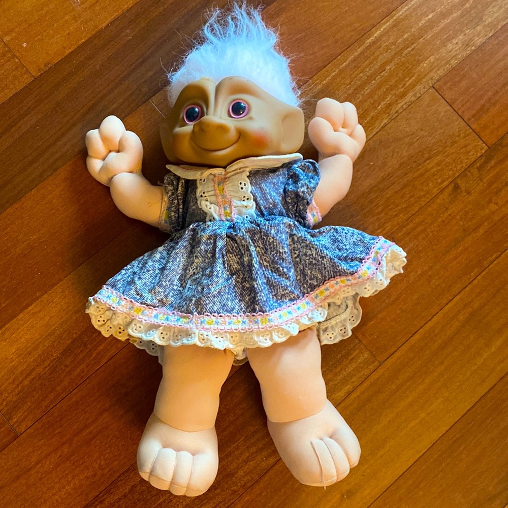 Vintage 90s Adorable Treasure Troll Plush Baby Doll 13.5” wPink Hair Pink Eyes 🌸